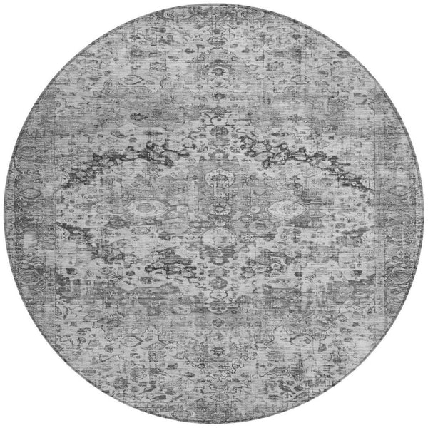 HomeRoots 8' Gray and Silver Round Floral Area Rug - Stylish, Washable, Indoor/Outdoor Design for Any Space 619927