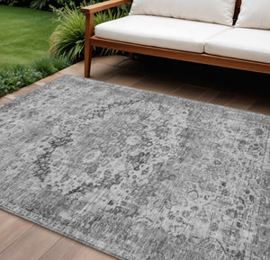 HomeRoots 8' X 10' Gray and Silver Floral Area Rug – Washable, Durable, Indoor/Outdoor for High-Traffic Areas 619928
