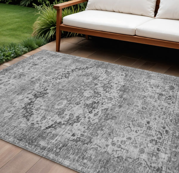 HomeRoots 9' X 12' Gray and Silver Floral Area Rug - Durable, Washable, Elegant Design for Indoor & Outdoor Spaces 619929