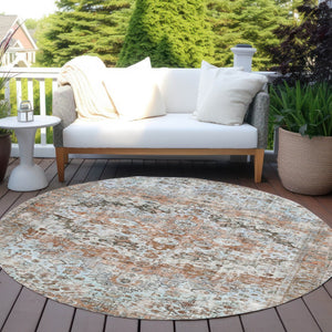 HomeRoots 8' Stylish Rust Brown & Beige Round Floral Area Rug - Washable, Stain-Resistant for Indoor/Outdoor Use 619933