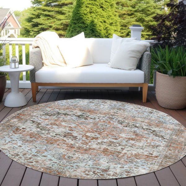 HomeRoots 8' Stylish Rust Brown & Beige Round Floral Area Rug - Washable, Stain-Resistant for Indoor/Outdoor Use 619933