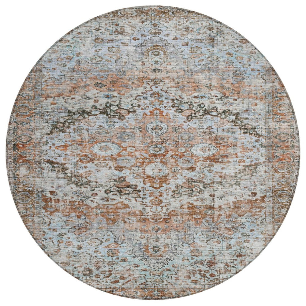 HomeRoots 8' Stylish Rust Brown & Beige Round Floral Area Rug - Washable, Stain-Resistant for Indoor/Outdoor Use 619933