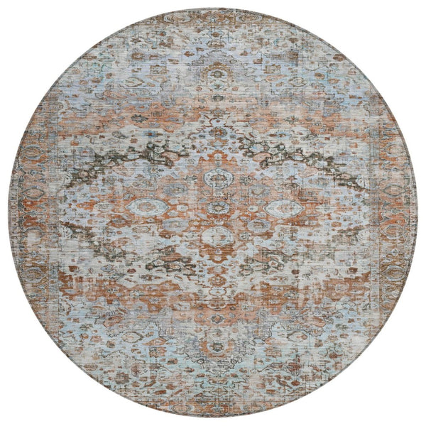 HomeRoots 8' Stylish Rust Brown & Beige Round Floral Area Rug - Washable, Stain-Resistant for Indoor/Outdoor Use 619933