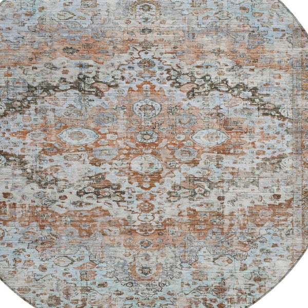 HomeRoots 8' Stylish Rust Brown & Beige Round Floral Area Rug - Washable, Stain-Resistant for Indoor/Outdoor Use 619933