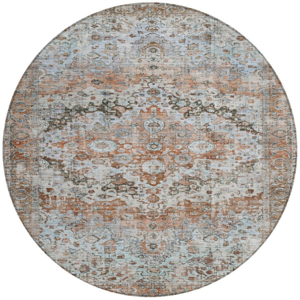 HomeRoots 8' Stylish Rust Brown & Beige Round Floral Area Rug - Washable, Stain-Resistant for Indoor/Outdoor Use 619933