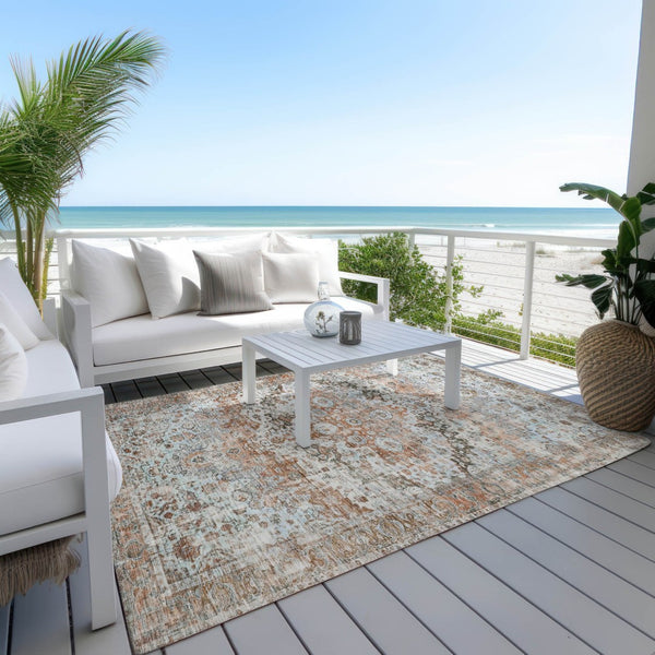 HomeRoots 9' X 12' Rustic Brown & Beige Floral Washable Area Rug - Indoor/Outdoor, Durable, Easy Care Design 619935
