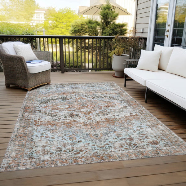 HomeRoots 9' X 12' Rustic Brown & Beige Floral Washable Area Rug - Indoor/Outdoor, Durable, Easy Care Design 619935