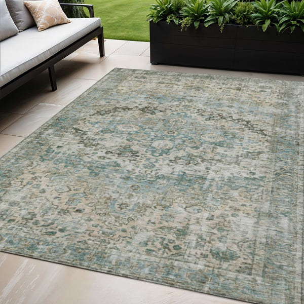 HomeRoots 5' Elegant Floral Area Rug in Sage Teal Blue & Beige - Washable, Indoor/Outdoor Use, Durable Design 619938