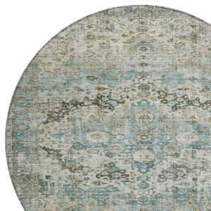 HomeRoots 8' Round Floral Washable Area Rug in Sage Teal Blue & Beige - Durable Indoor/Outdoor Style & Care 619939