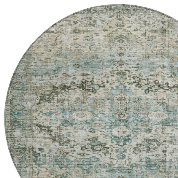 HomeRoots 8' Round Floral Washable Area Rug in Sage Teal Blue & Beige - Durable Indoor/Outdoor Style & Care 619939