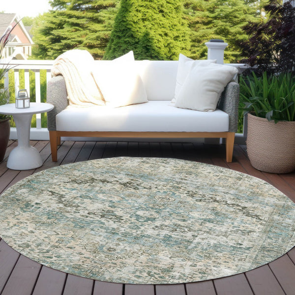 HomeRoots 8' Round Floral Washable Area Rug in Sage Teal Blue & Beige - Durable Indoor/Outdoor Style & Care 619939