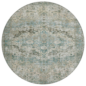 HomeRoots 8' Round Floral Washable Area Rug in Sage Teal Blue & Beige - Durable Indoor/Outdoor Style & Care 619939