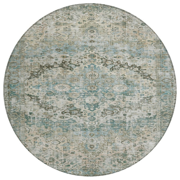 HomeRoots 8' Round Floral Washable Area Rug in Sage Teal Blue & Beige - Durable Indoor/Outdoor Style & Care 619939