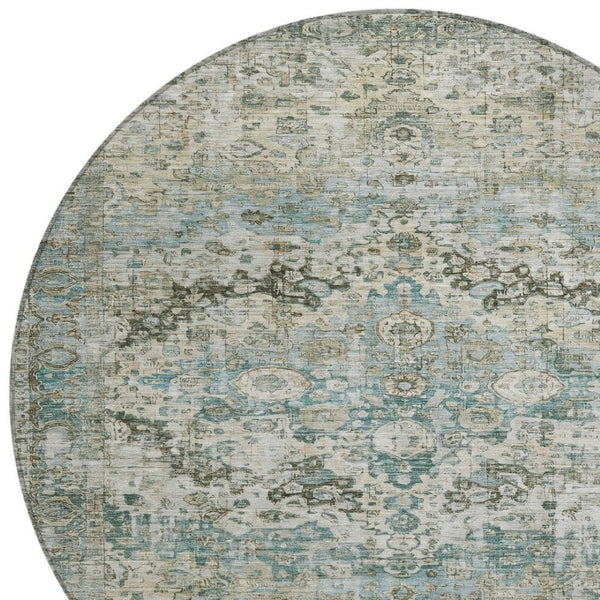 HomeRoots 8' Round Floral Washable Area Rug in Sage Teal Blue & Beige - Durable Indoor/Outdoor Style & Care 619939
