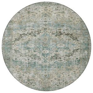 HomeRoots 8' Round Floral Washable Area Rug in Sage Teal Blue & Beige - Durable Indoor/Outdoor Style & Care 619939