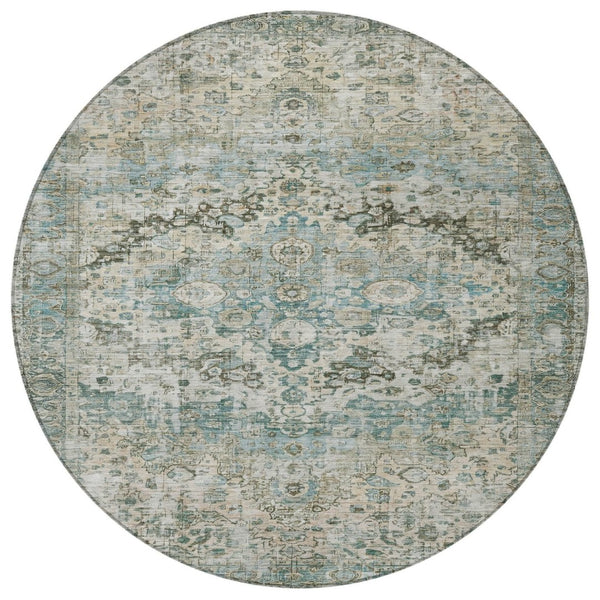 HomeRoots 8' Round Floral Washable Area Rug in Sage Teal Blue & Beige - Durable Indoor/Outdoor Style & Care 619939