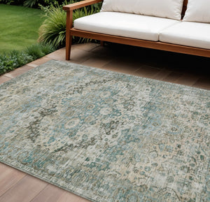 HomeRoots 8' X 10' Sage Teal Blue Beige Floral Washable Rug - Durable, Stylish, Perfect for Indoor & Outdoor Spaces! 619940
