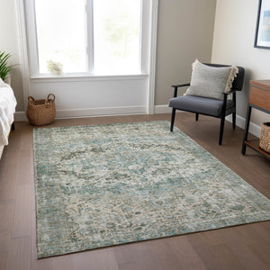 HomeRoots 8' X 10' Sage Teal Blue Beige Floral Washable Rug - Durable, Stylish, Perfect for Indoor & Outdoor Spaces! 619940