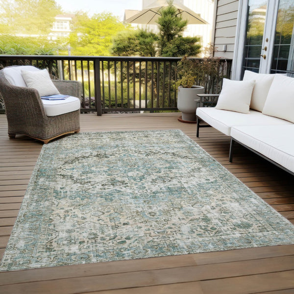 HomeRoots 8' X 10' Sage Teal Blue Beige Floral Washable Rug - Durable, Stylish, Perfect for Indoor & Outdoor Spaces! 619940