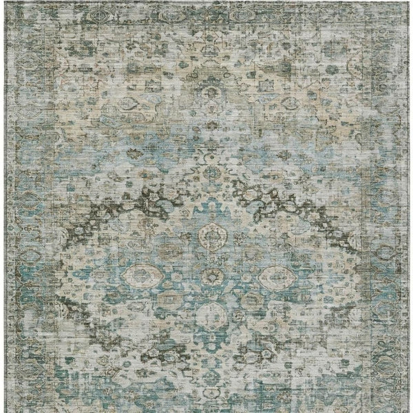 HomeRoots 9' X 12' Sage Teal Blue Beige Floral Washable Area Rug - Durable, Stylish, Indoor/Outdoor Charm! 619941