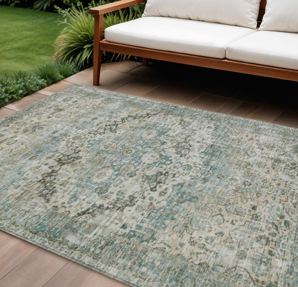 HomeRoots 9' X 12' Sage Teal Blue Beige Floral Washable Area Rug - Durable, Stylish, Indoor/Outdoor Charm! 619941