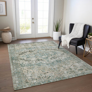 HomeRoots 10' Large Sage Teal Blue Floral Area Rug - Washable, Durable, Indoor/Outdoor, Perfect for High-Traffic Spaces 619942