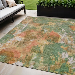 HomeRoots 5' X 8' Contemporary Fern Green & Copper Abstract Area Rug - Washable for Indoor/Outdoor Use! 619950