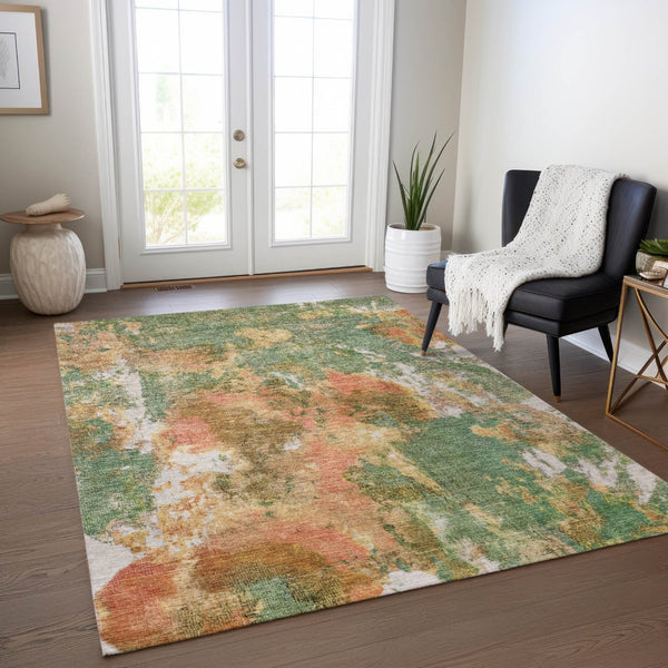 HomeRoots 5' X 8' Contemporary Fern Green & Copper Abstract Area Rug - Washable for Indoor/Outdoor Use! 619950