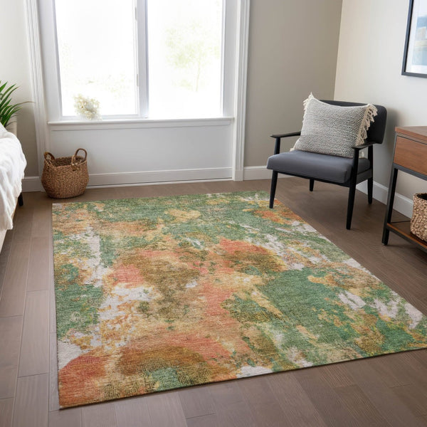 HomeRoots 5' X 8' Contemporary Fern Green & Copper Abstract Area Rug - Washable for Indoor/Outdoor Use! 619950