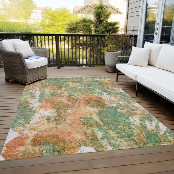 HomeRoots 5' X 8' Contemporary Fern Green & Copper Abstract Area Rug - Washable for Indoor/Outdoor Use! 619950