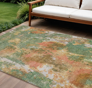 HomeRoots 9' X 12' Fern Green & Copper Abstract Area Rug - Durable, Washable for Indoor/Outdoor Elegance 619953
