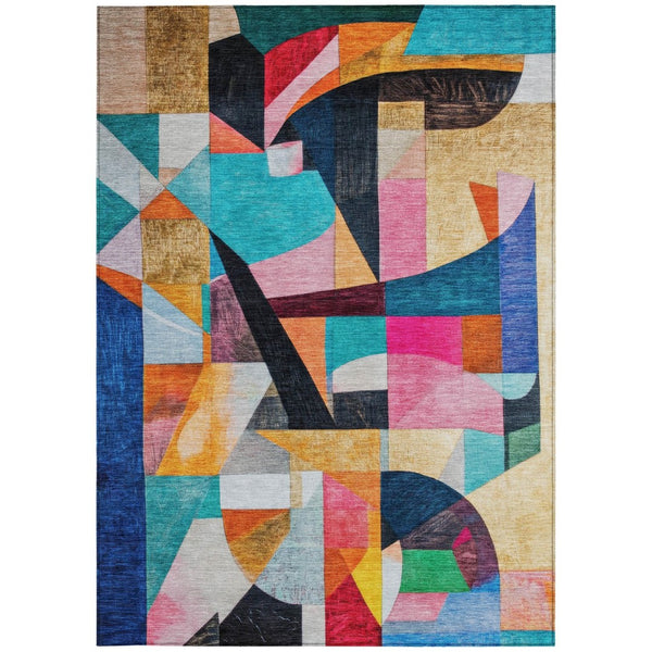 HomeRoots 5' Vibrant Abstract Washable Area Rug in Blue, Orange, Pink & Yellow - Perfect for Indoor & Outdoor Use! 619970