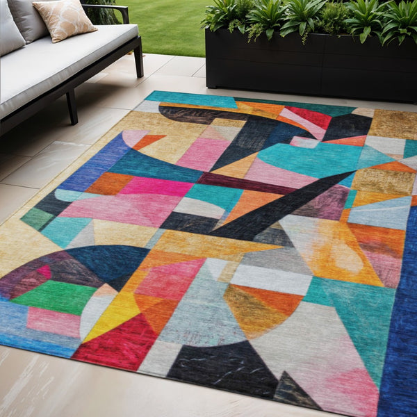 HomeRoots 5' Vibrant Abstract Washable Area Rug in Blue, Orange, Pink & Yellow - Perfect for Indoor & Outdoor Use! 619970