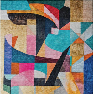 HomeRoots 5' Vibrant Abstract Washable Area Rug in Blue, Orange, Pink & Yellow - Perfect for Indoor & Outdoor Use! 619970