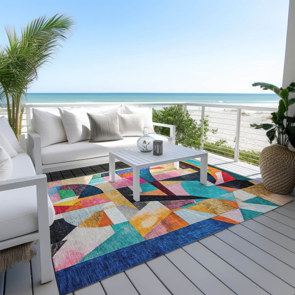HomeRoots 5' Vibrant Abstract Washable Area Rug in Blue, Orange, Pink & Yellow - Perfect for Indoor & Outdoor Use! 619970