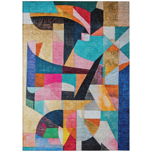 HomeRoots 5' Vibrant Abstract Washable Area Rug in Blue, Orange, Pink & Yellow - Perfect for Indoor & Outdoor Use! 619970