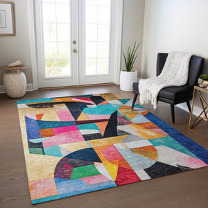 HomeRoots 5' Vibrant Abstract Washable Area Rug in Blue, Orange, Pink & Yellow - Perfect for Indoor & Outdoor Use! 619970