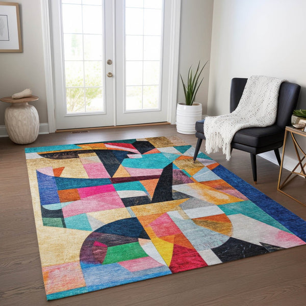 HomeRoots 5' Vibrant Abstract Washable Area Rug in Blue, Orange, Pink & Yellow - Perfect for Indoor & Outdoor Use! 619970