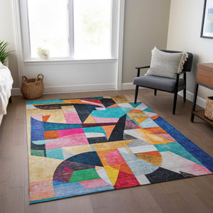 HomeRoots 5' Vibrant Abstract Washable Area Rug in Blue, Orange, Pink & Yellow - Perfect for Indoor & Outdoor Use! 619970