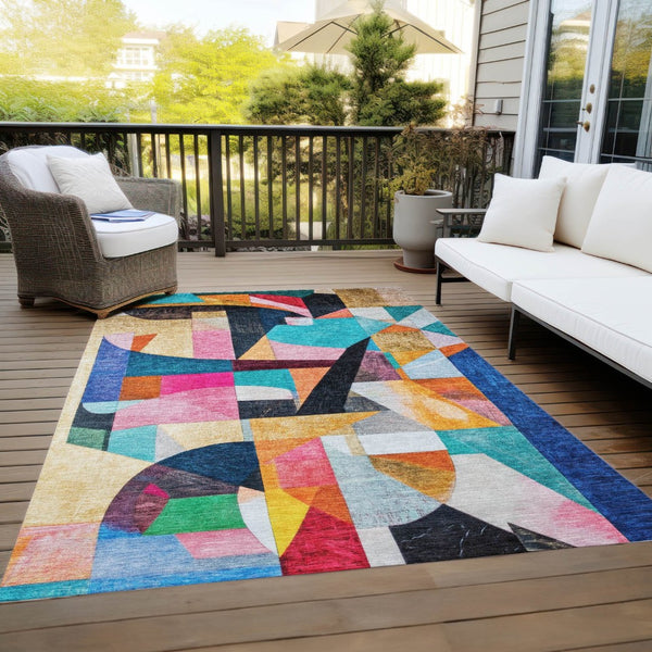 HomeRoots 5' Vibrant Abstract Washable Area Rug in Blue, Orange, Pink & Yellow - Perfect for Indoor & Outdoor Use! 619970