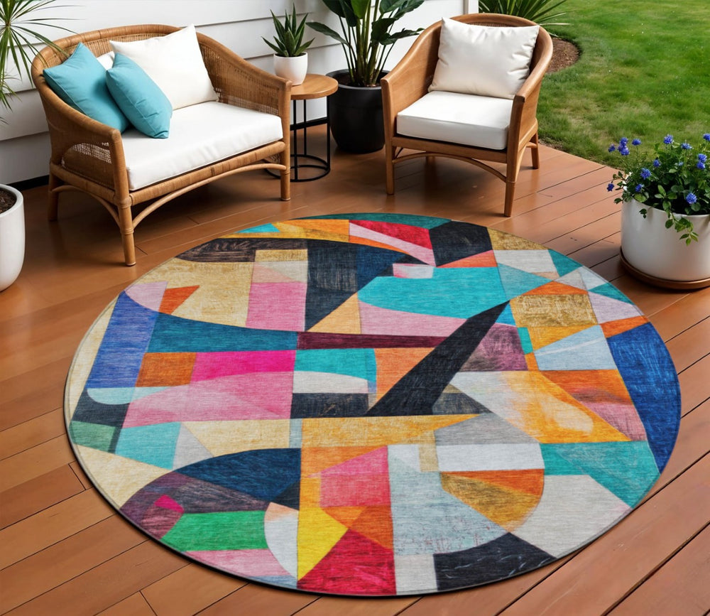 HomeRoots 8' Vibrant Round Area Rug in Blue, Orange, Pink & Yellow - Washable for Indoor & Outdoor Use! 619971