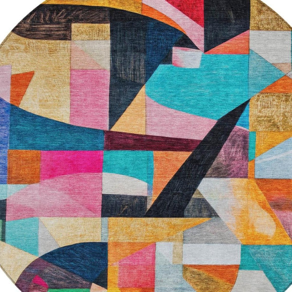 HomeRoots 8' Vibrant Round Area Rug in Blue, Orange, Pink & Yellow - Washable for Indoor & Outdoor Use! 619971
