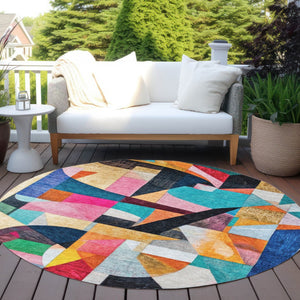 HomeRoots 8' Vibrant Round Area Rug in Blue, Orange, Pink & Yellow - Washable for Indoor & Outdoor Use! 619971