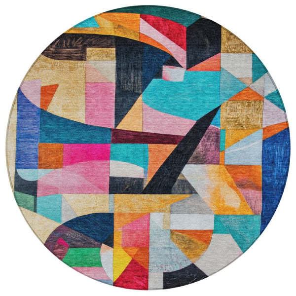 HomeRoots 8' Vibrant Round Area Rug in Blue, Orange, Pink & Yellow - Washable for Indoor & Outdoor Use! 619971