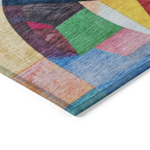 HomeRoots 8' Vibrant Round Area Rug in Blue, Orange, Pink & Yellow - Washable for Indoor & Outdoor Use! 619971