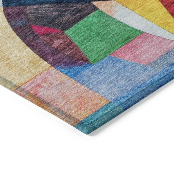 HomeRoots 8' Vibrant Round Area Rug in Blue, Orange, Pink & Yellow - Washable for Indoor & Outdoor Use! 619971