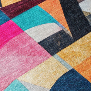 HomeRoots 8' Vibrant Round Area Rug in Blue, Orange, Pink & Yellow - Washable for Indoor & Outdoor Use! 619971