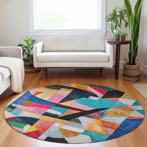 HomeRoots 8' Vibrant Round Area Rug in Blue, Orange, Pink & Yellow - Washable for Indoor & Outdoor Use! 619971