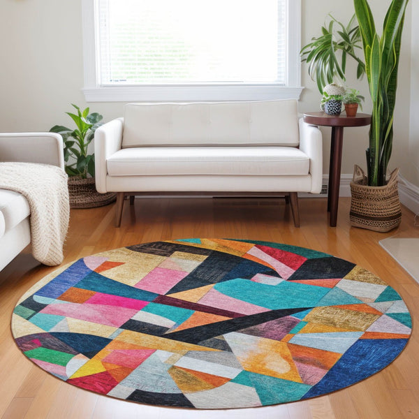HomeRoots 8' Vibrant Round Area Rug in Blue, Orange, Pink & Yellow - Washable for Indoor & Outdoor Use! 619971