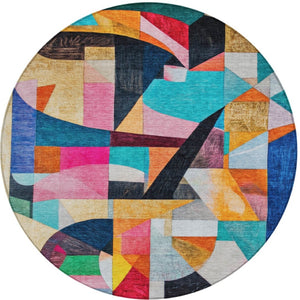 HomeRoots 8' Vibrant Round Area Rug in Blue, Orange, Pink & Yellow - Washable for Indoor & Outdoor Use! 619971